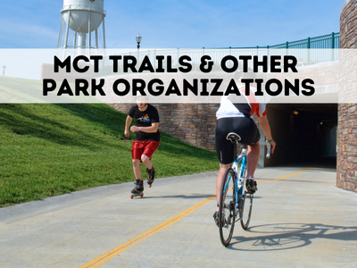 Parks Department graphic button for MCT and other parks showing people using a trail