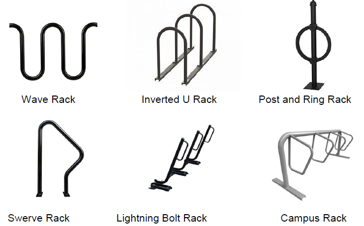 Images of metal bike racks of different shapes and sizes with the name underneath