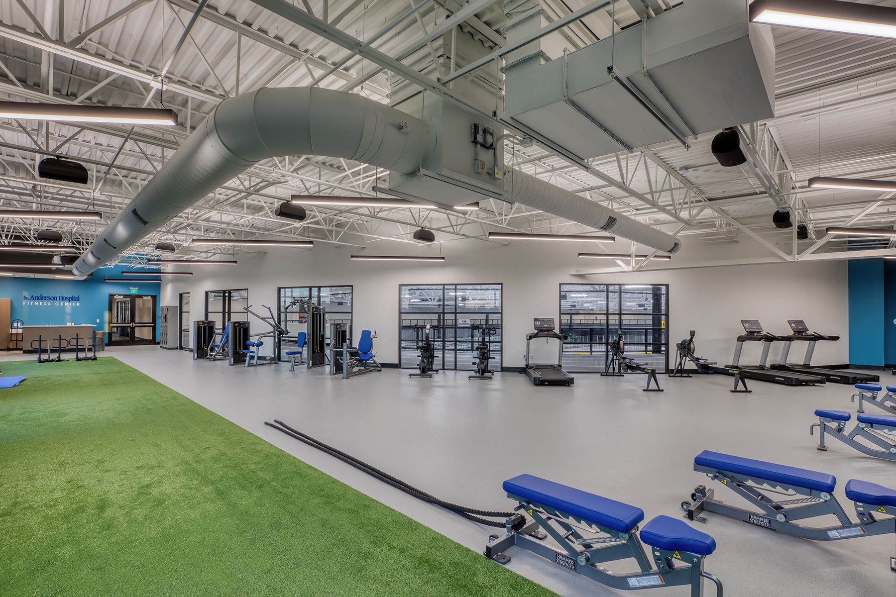 An image of fitness equipment in a workout room