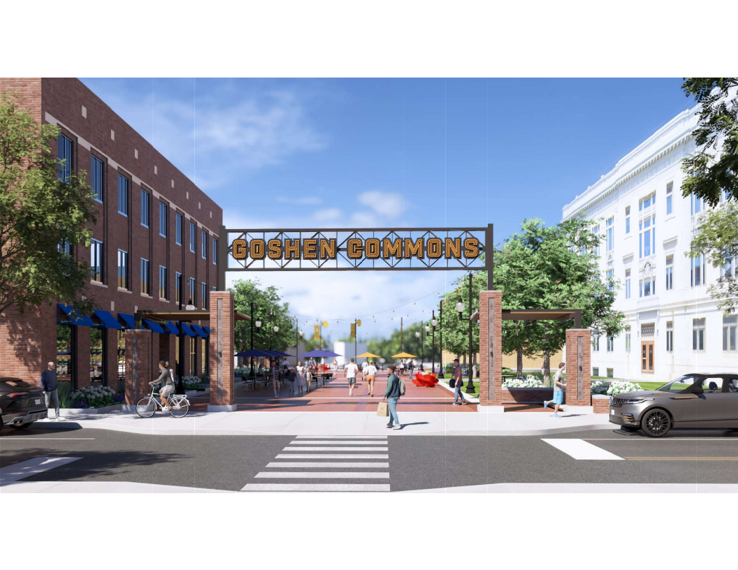 A drawing of a downtown park with an overhead entrance reading Goshen Commons