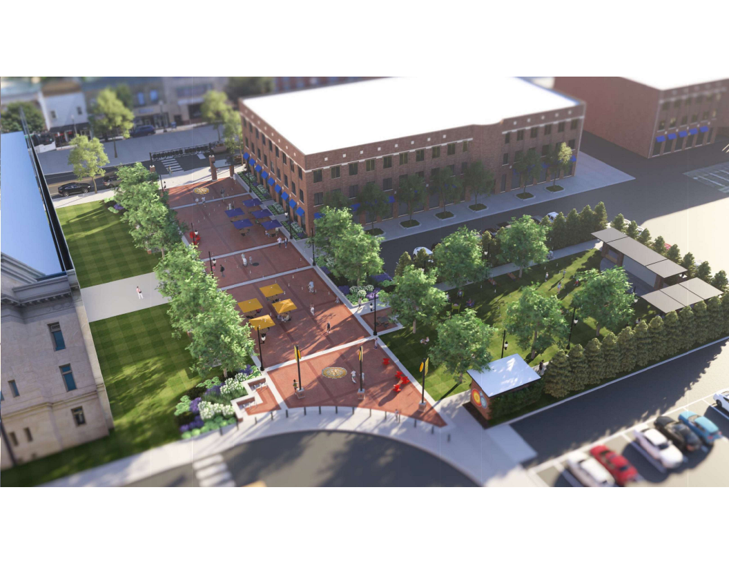 A drawing of a downtown park with an overhead entrance reading Goshen Commons